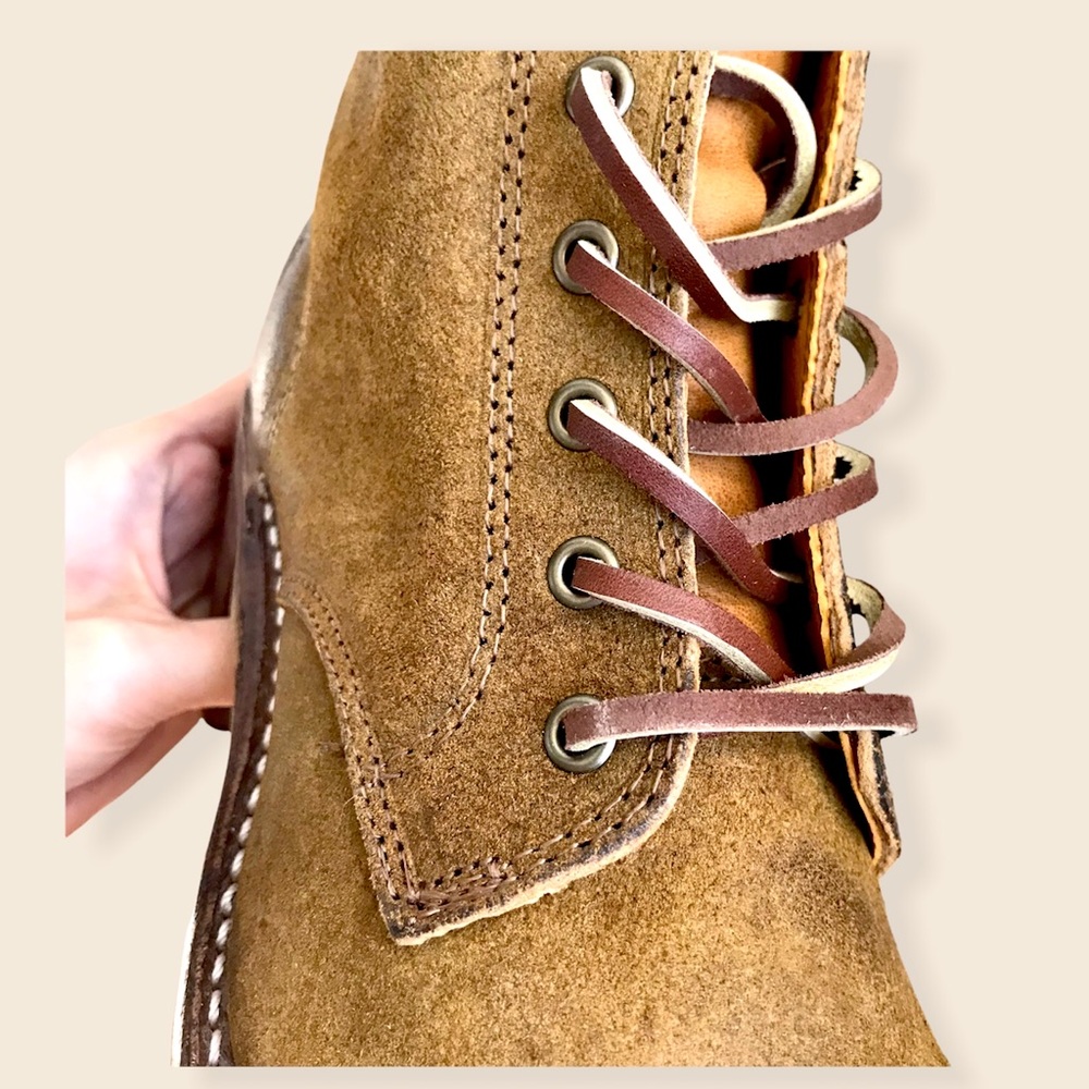 Frye Sabrina 6G Tan Suede/Leather Lace Up Wood Heeled Combat Moto Ankle Booties - Picture 15 of 16